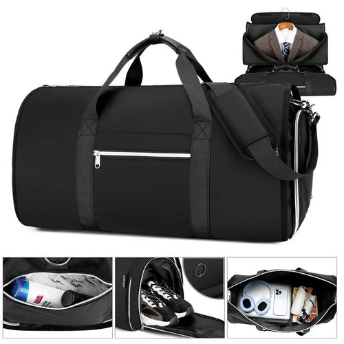 An Oxford cloth expandable sports storage bag in grey, showing compartments for dry wet separation.