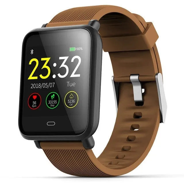 Q9 smart watch with 1.3 inch touch screen on silicone strap, black, showing heart rate display