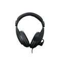 Black wired PC computer headset with 3.5mm in-line plug, built-in microphone, 40mm speakers, and 1.8m cable