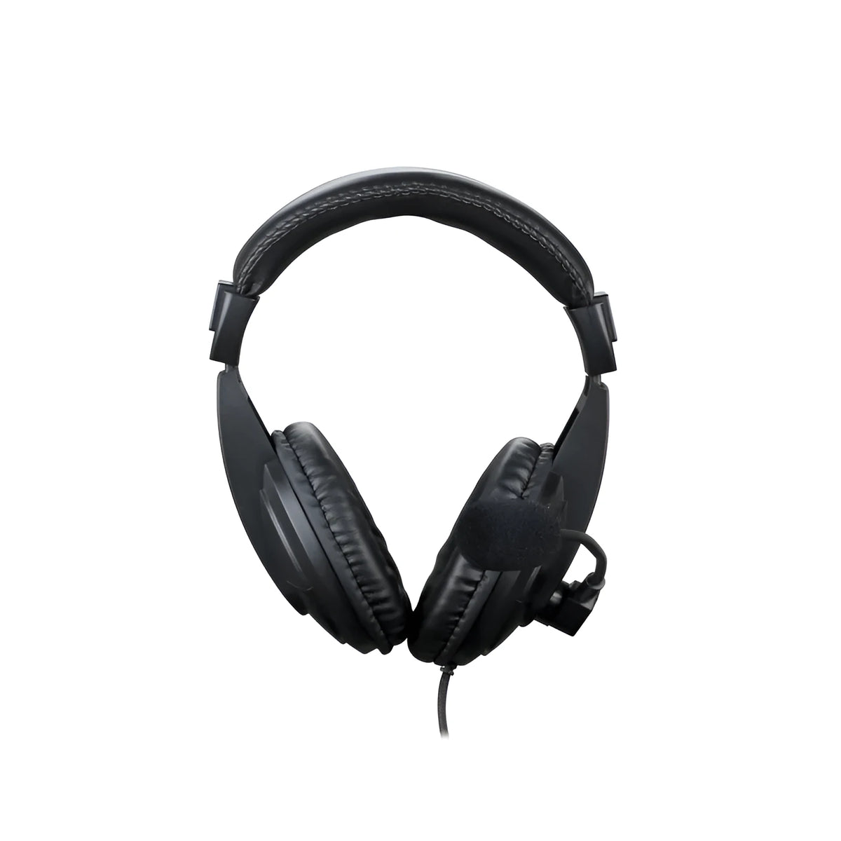 Black wired PC computer headset with 3.5mm in-line plug, built-in microphone, 40mm speakers, and 1.8m cable