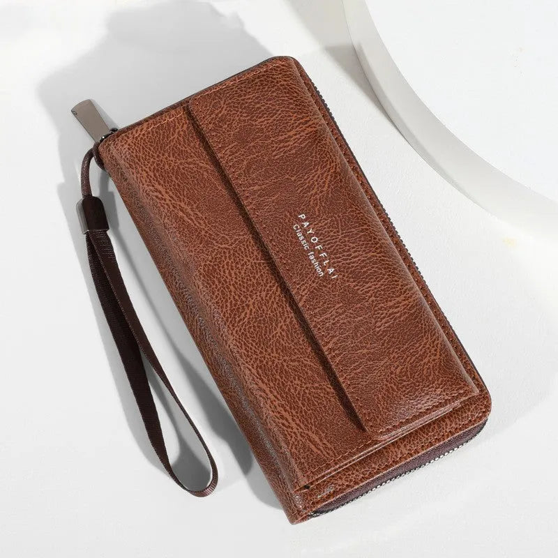 Men's black PU leather wallet with multiple card slots, shown open to display interior.