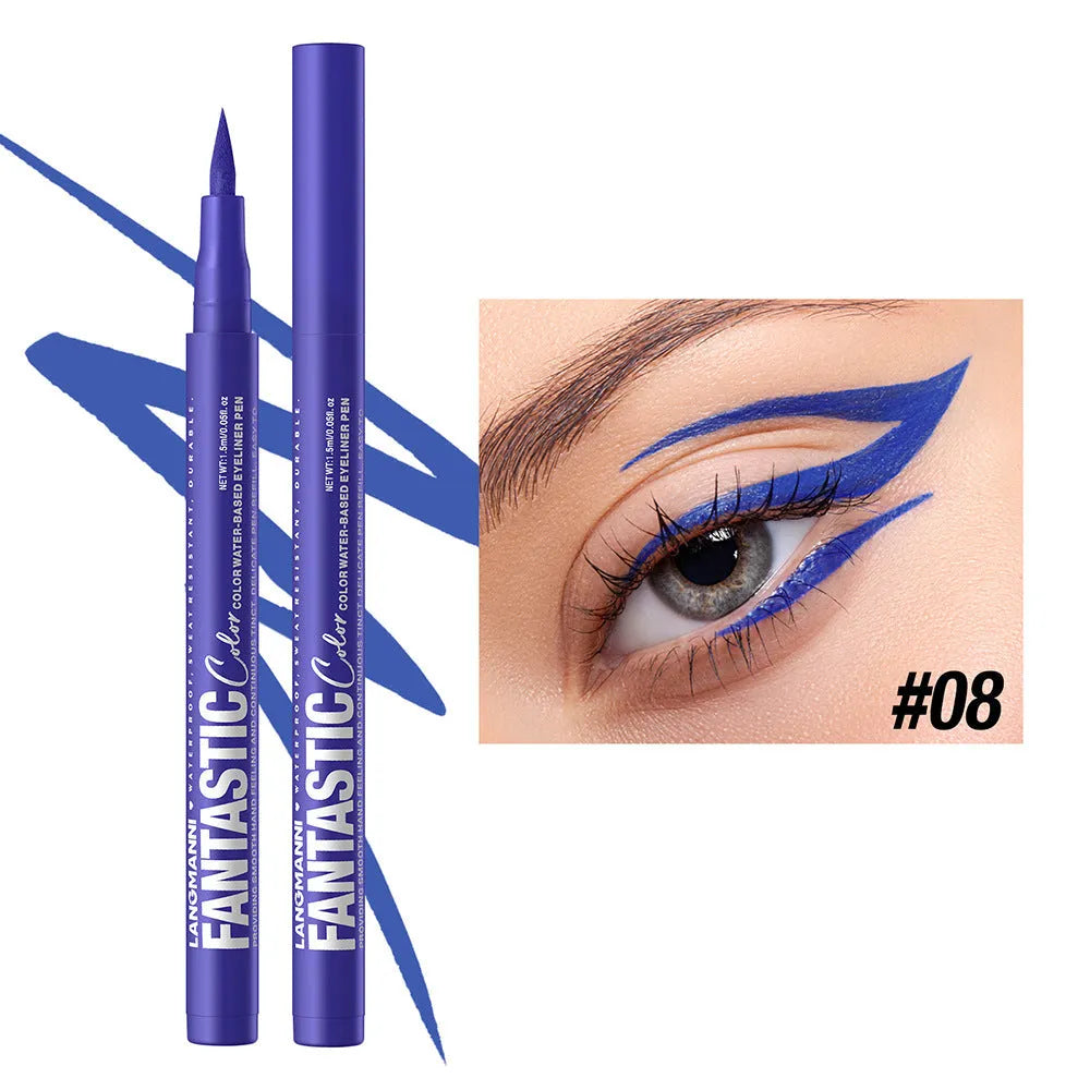 Matte anti-smudge liquid eyeliner in twelve colours including white, gold, purple, brown, blue, and iron grey