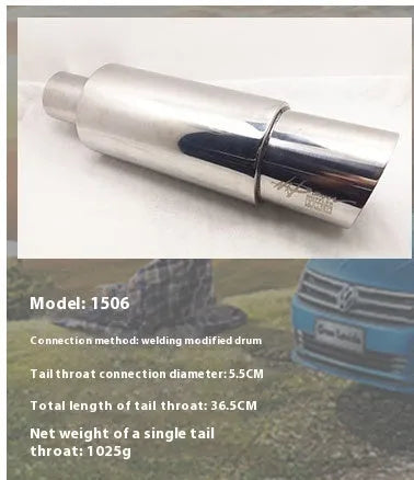 Silver 1506 stainless steel exhaust modification drum with 5.5cm inlet and 36.5cm total length for welded car or motorcycle exhaust systems