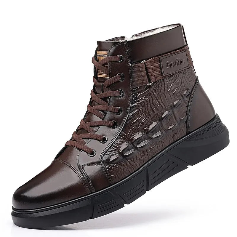 Genuine leather snow boots with fur lining and lace-up front in black or brown