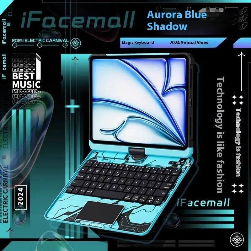 Blue iPad protective case showing shockproof PC construction with mute keyboard compatibility feature