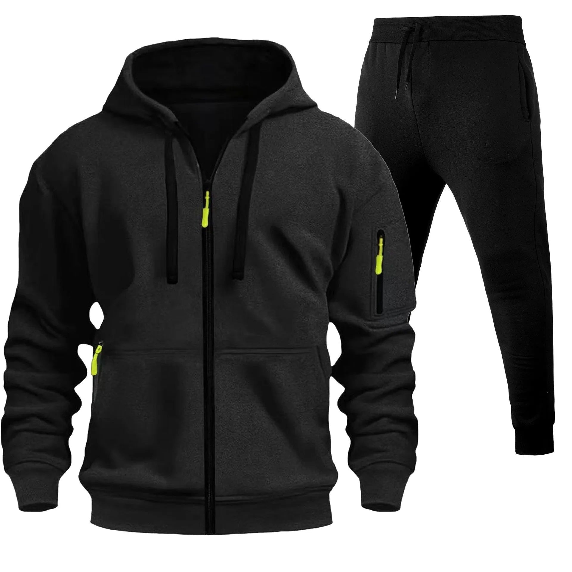 Men's sports hoodie set with zip-up front, multiple pockets, and wool lining in camel colour