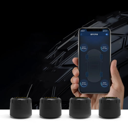 Bluetooth 5.0 automotive tire pressure monitor set with four sensors, wrench, and anti-theft screws