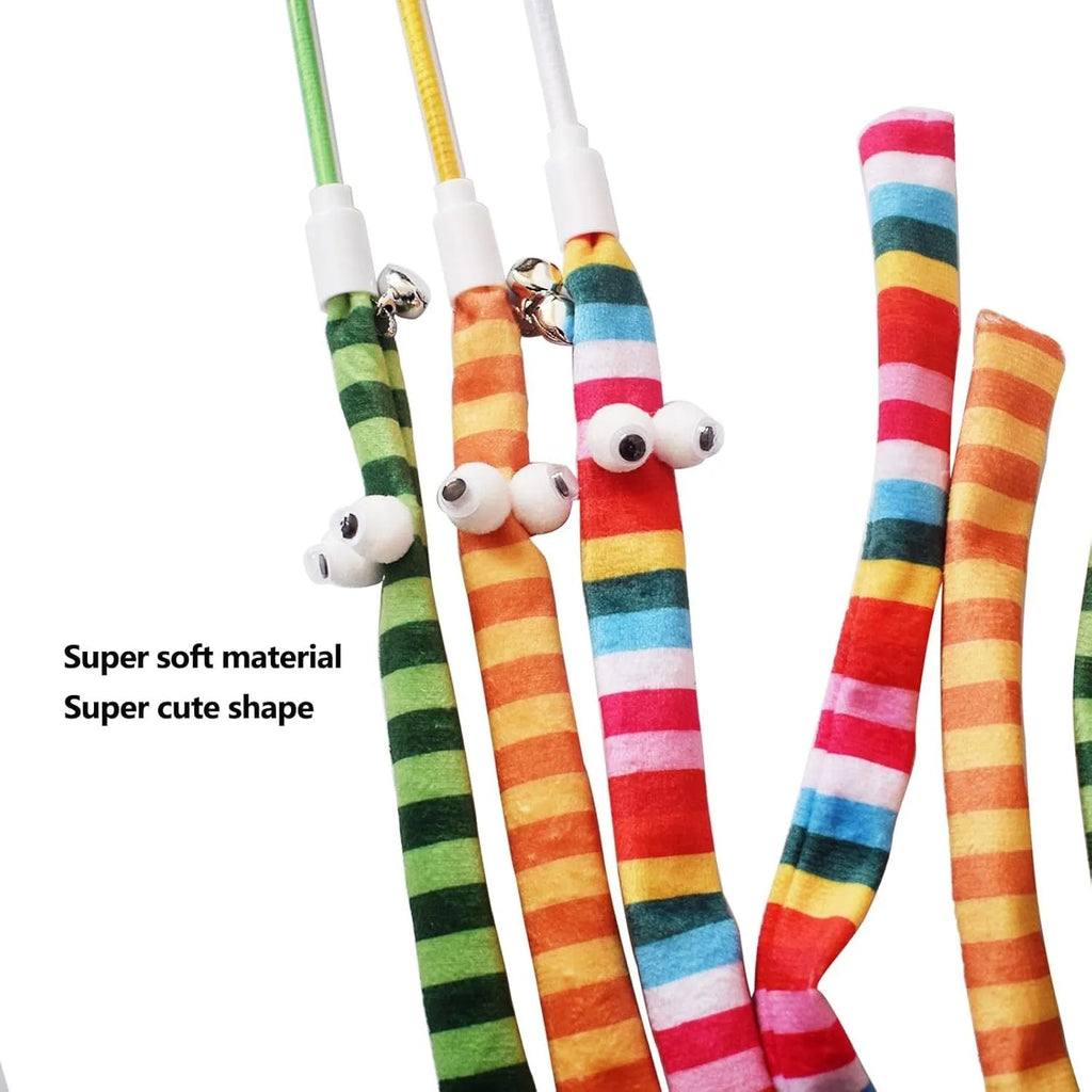 Cat wand teaser toy with polycarbonate pole and colourful plush strip for interactive play