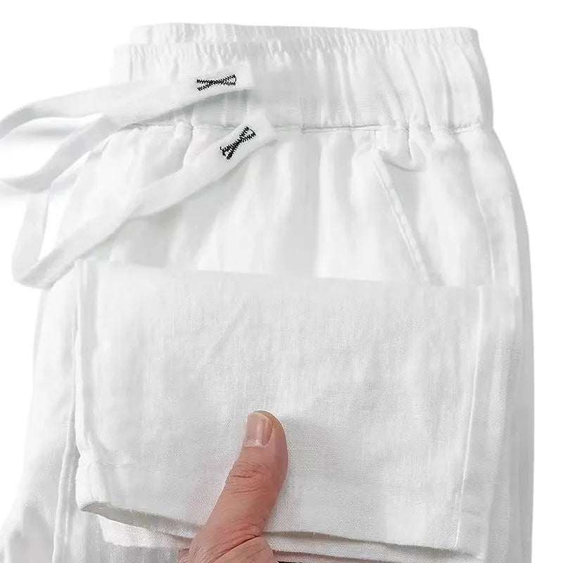 Pure linen Chinese style trousers with elastic drawstring waist in straight leg design