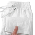 Pure linen Chinese style trousers with elastic drawstring waist in straight leg design