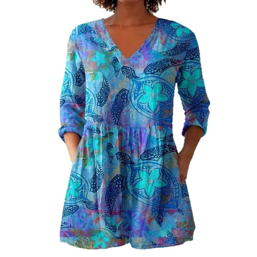 Women's retro-style printed long-sleeved top in a slim fit, shown in a colour option, suitable for smart casual wear.