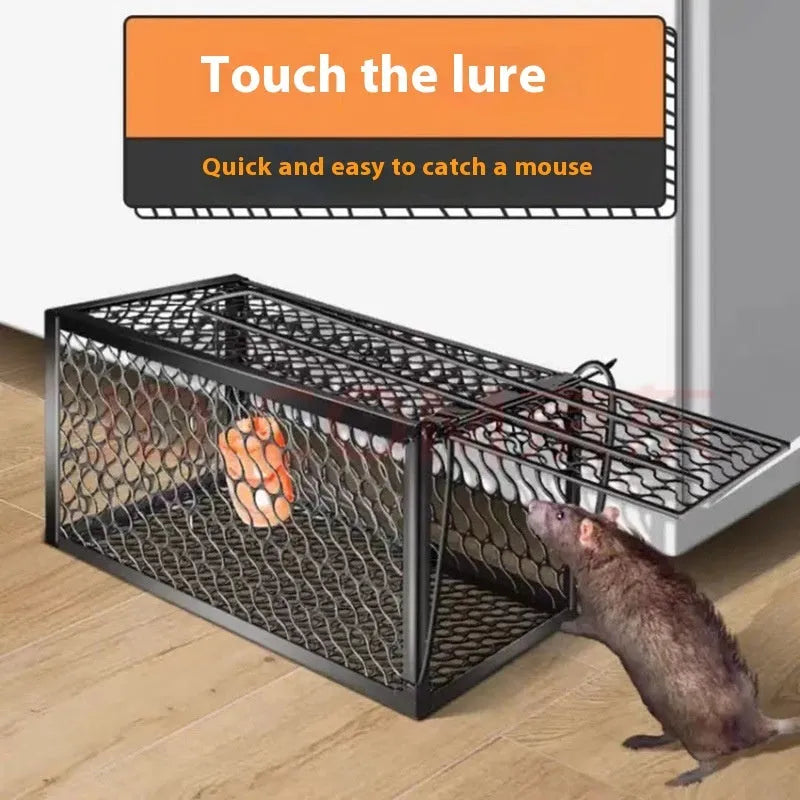 A white and grey automatic humane mouse trap cage with a one-way door, shown in Small, Medium, and Large sizes on a wooden surface.
