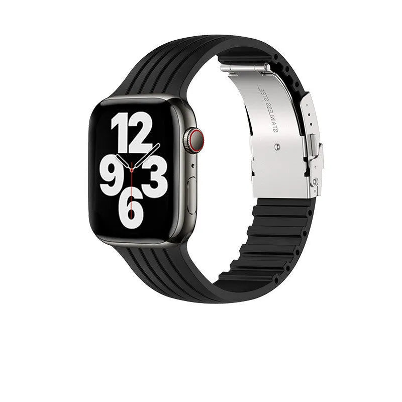 Silicone stripe iWatch strap in black, compatible with 38/40/41mm or 42/44/45mm models