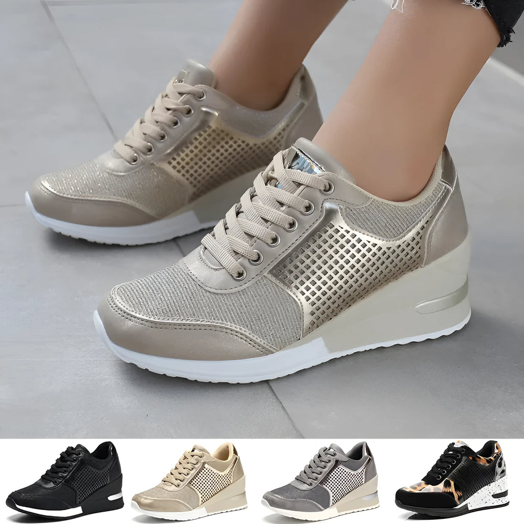 Women lace-up sneakers with 6.5cm height increase, PU upper, round toe, casual style in black