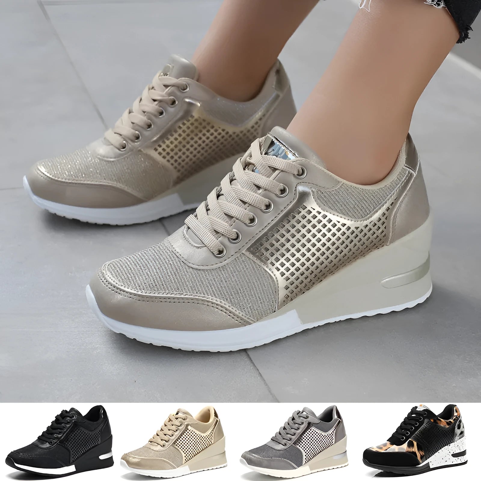 Women lace-up sneakers with 6.5cm height increase, PU upper, round toe, casual style in black