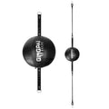 A black hanging boxing speed ball for reaction and dodge training, shown suspended.