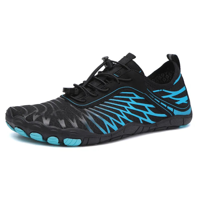 Men's white and black lace-up casual sports shoes with a non-slip rubber outsole on a plain background.