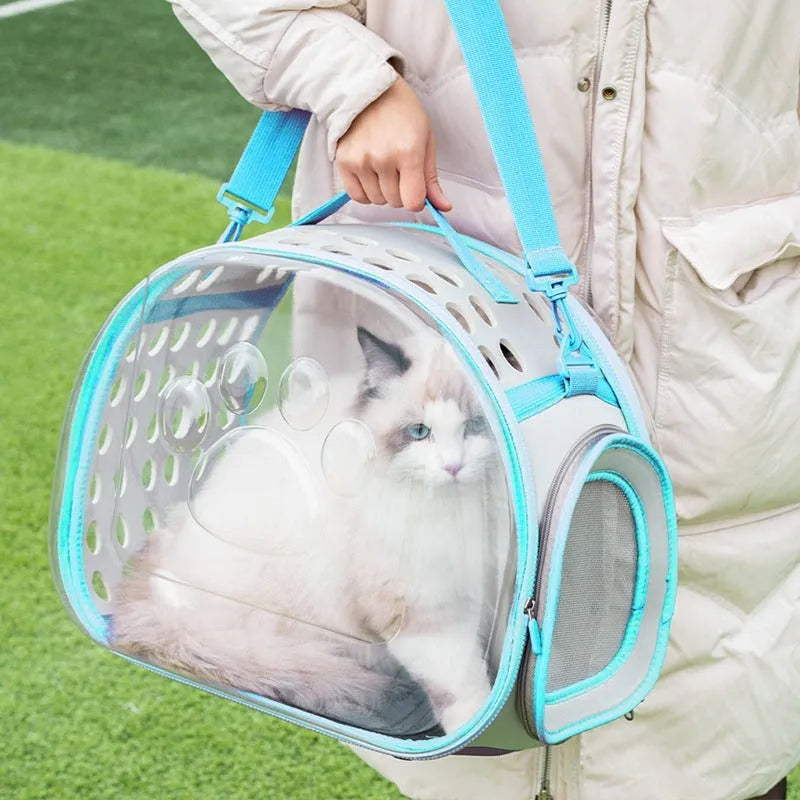 Large transparent hard-shell EVA cat backpack carrier folded and in use, shown in various colours.