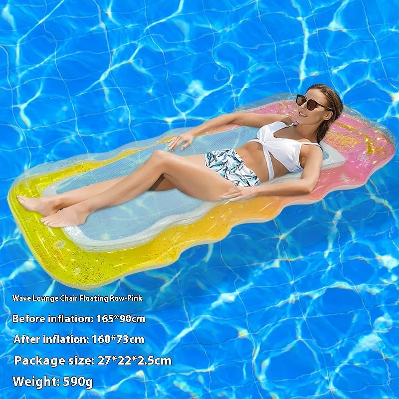 PVC inflatable floating row pool lounger in a mesh deck chair design with bright gradient colour wave.