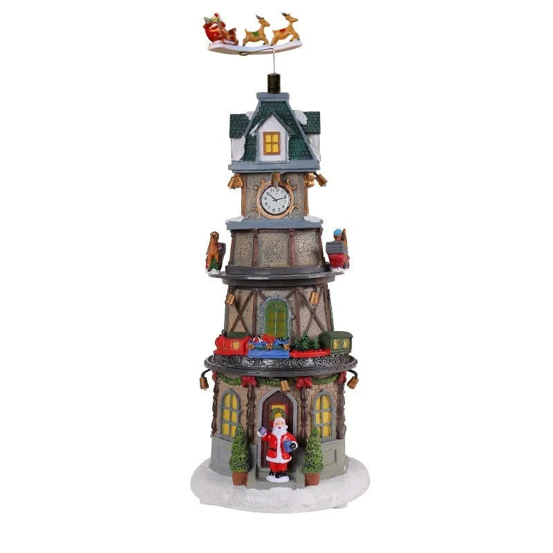Christmas resin luminous rotating music box decoration, 32cm high bell tower ornament with music and battery base