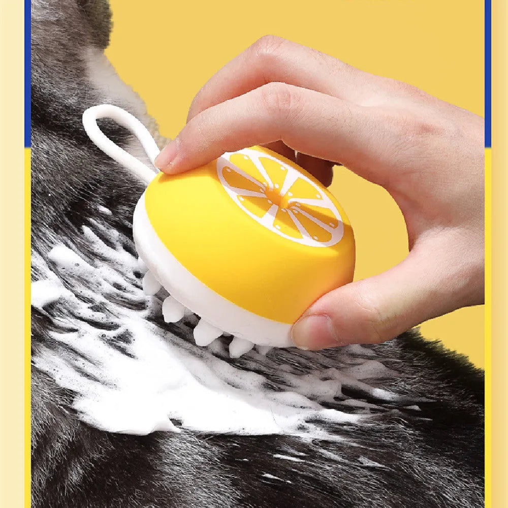 Yellow silicone pet bath brush with massage head design for dog and cat grooming