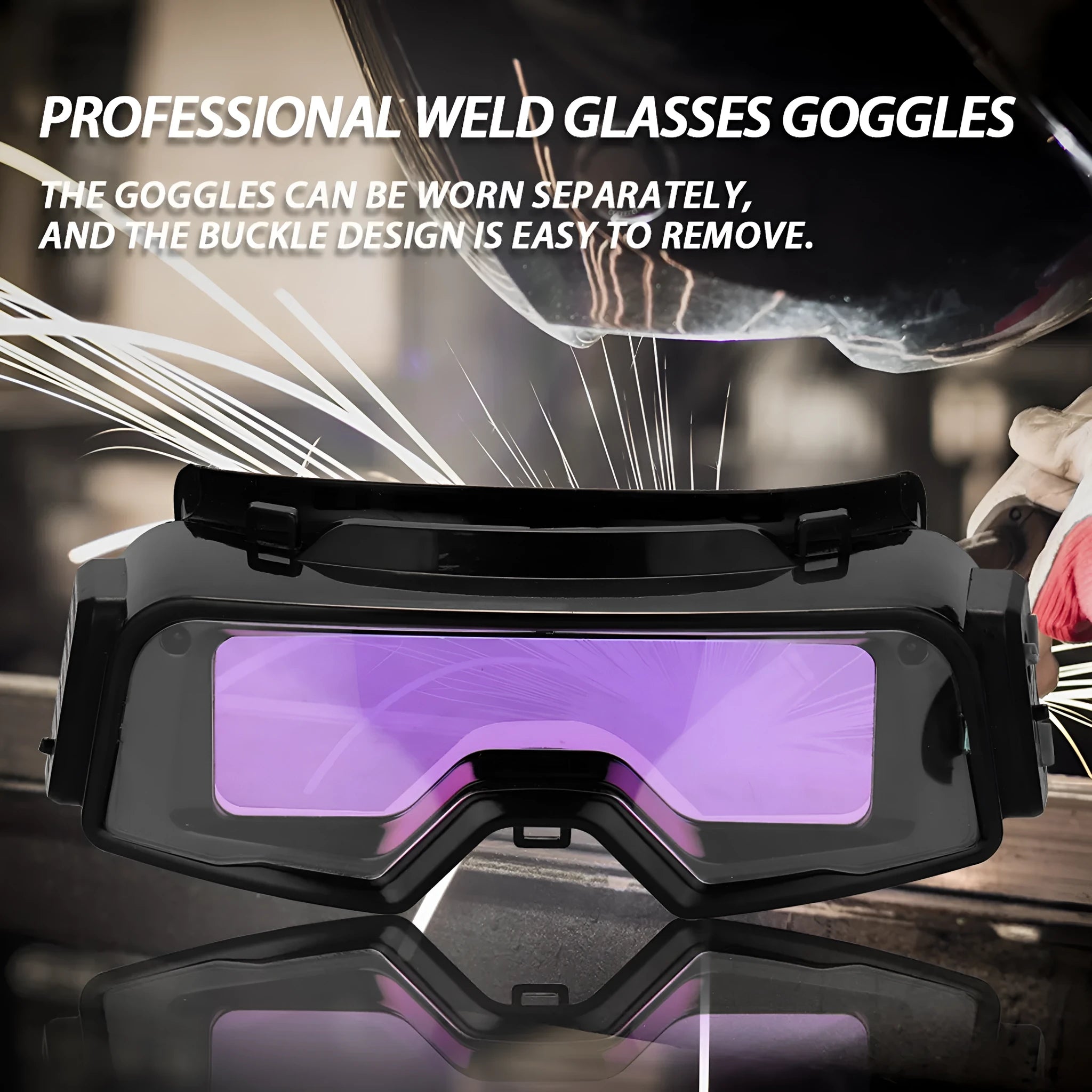 Black automatic darkening welding mask showing the large rectangular viewing lens.