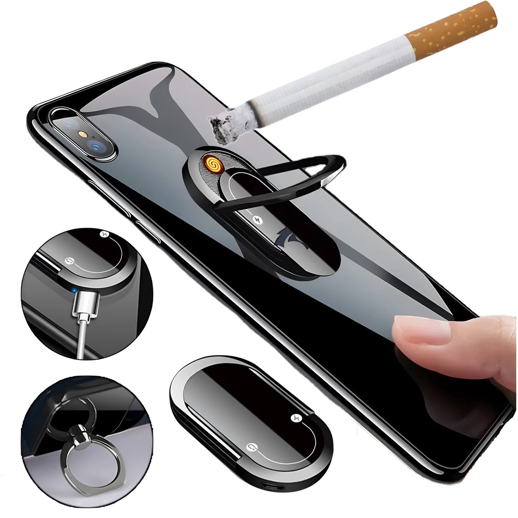 Portable USB plasma lighter with mobile phone holder, aluminium alloy, black ice colour