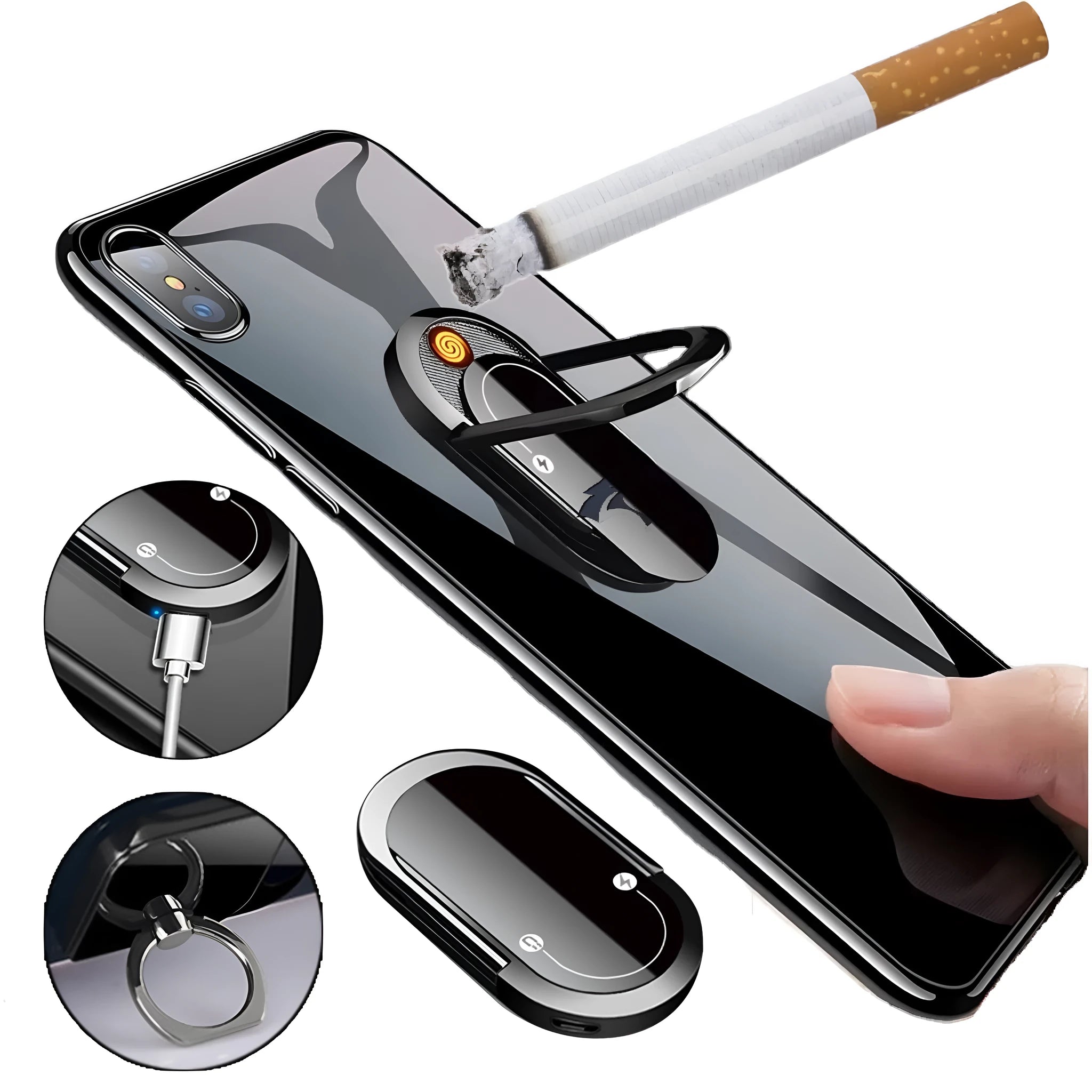 Portable USB plasma lighter with mobile phone holder, aluminium alloy, black ice colour