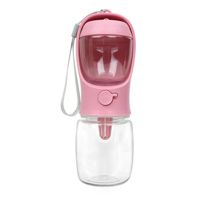 Blue portable dog water bottle with dual drinking and grain compartments