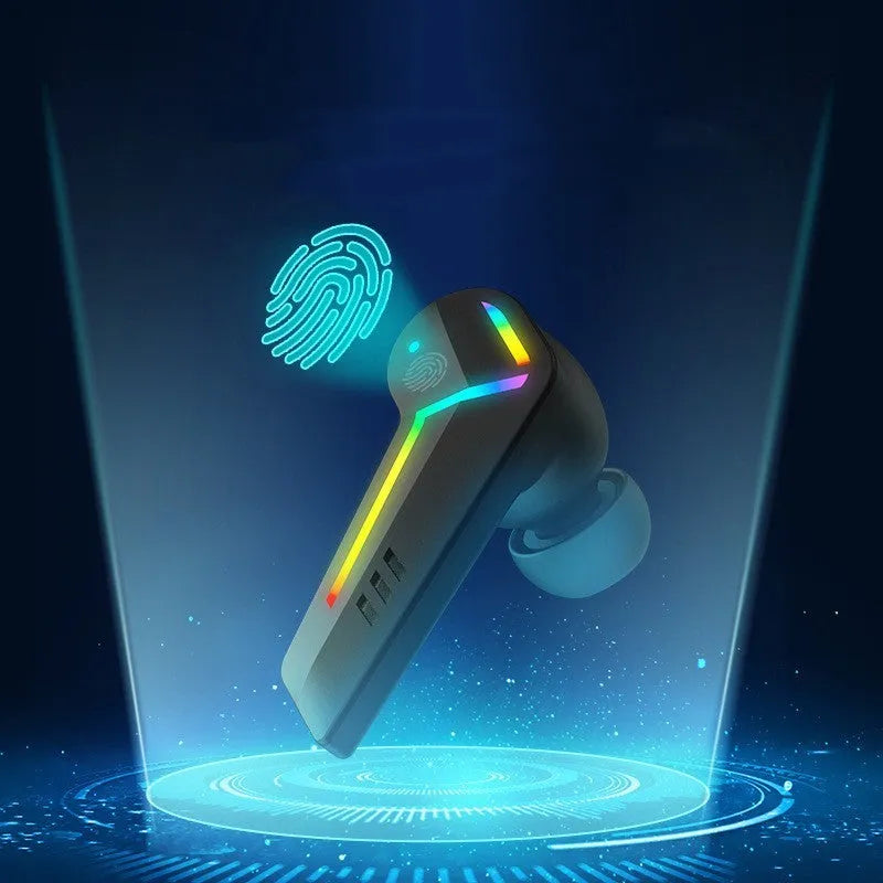 Small black TWS Bluetooth sports headset with low-latency gaming features.