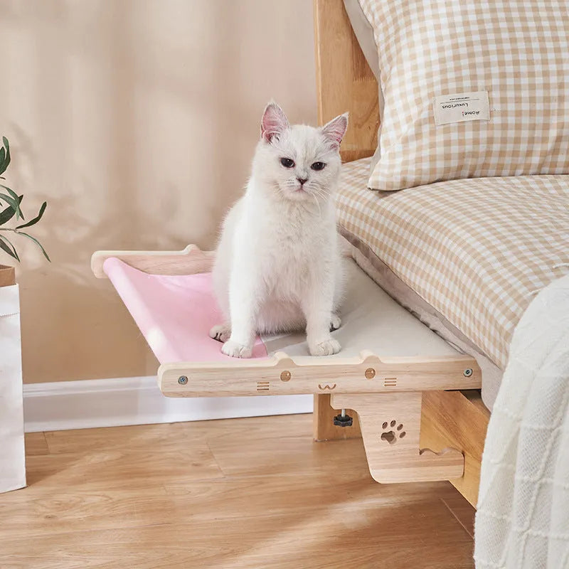 Wooden cat hanging bed hammock for balcony or window installation in one of seven style options
