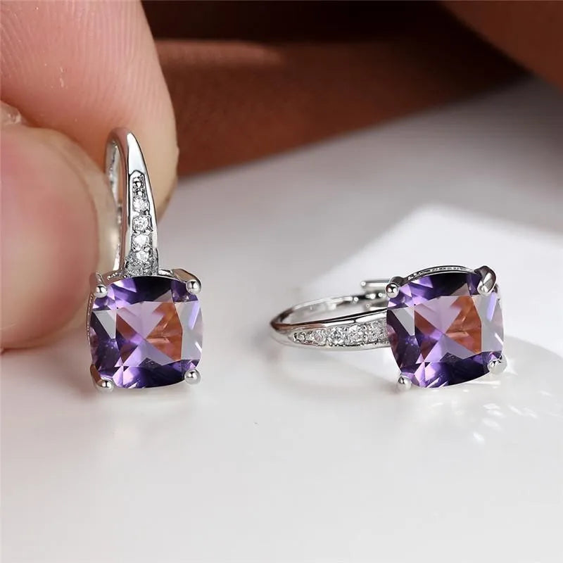 Square geometric ear hooks with round zircon inlays in gold, platinum, or rose gold finish
