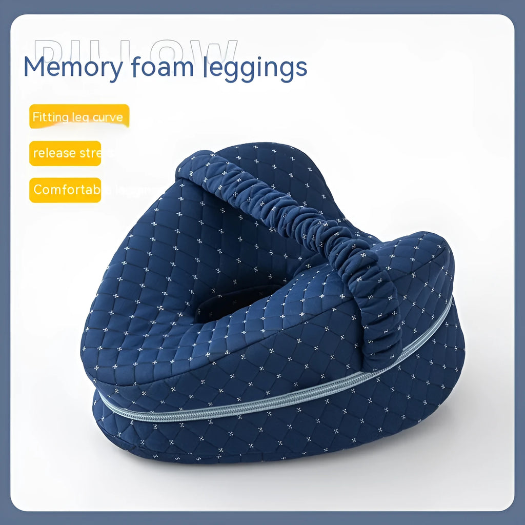 Dark blue jacquard love heart-shaped memory foam leg pillow for knee and hip support.