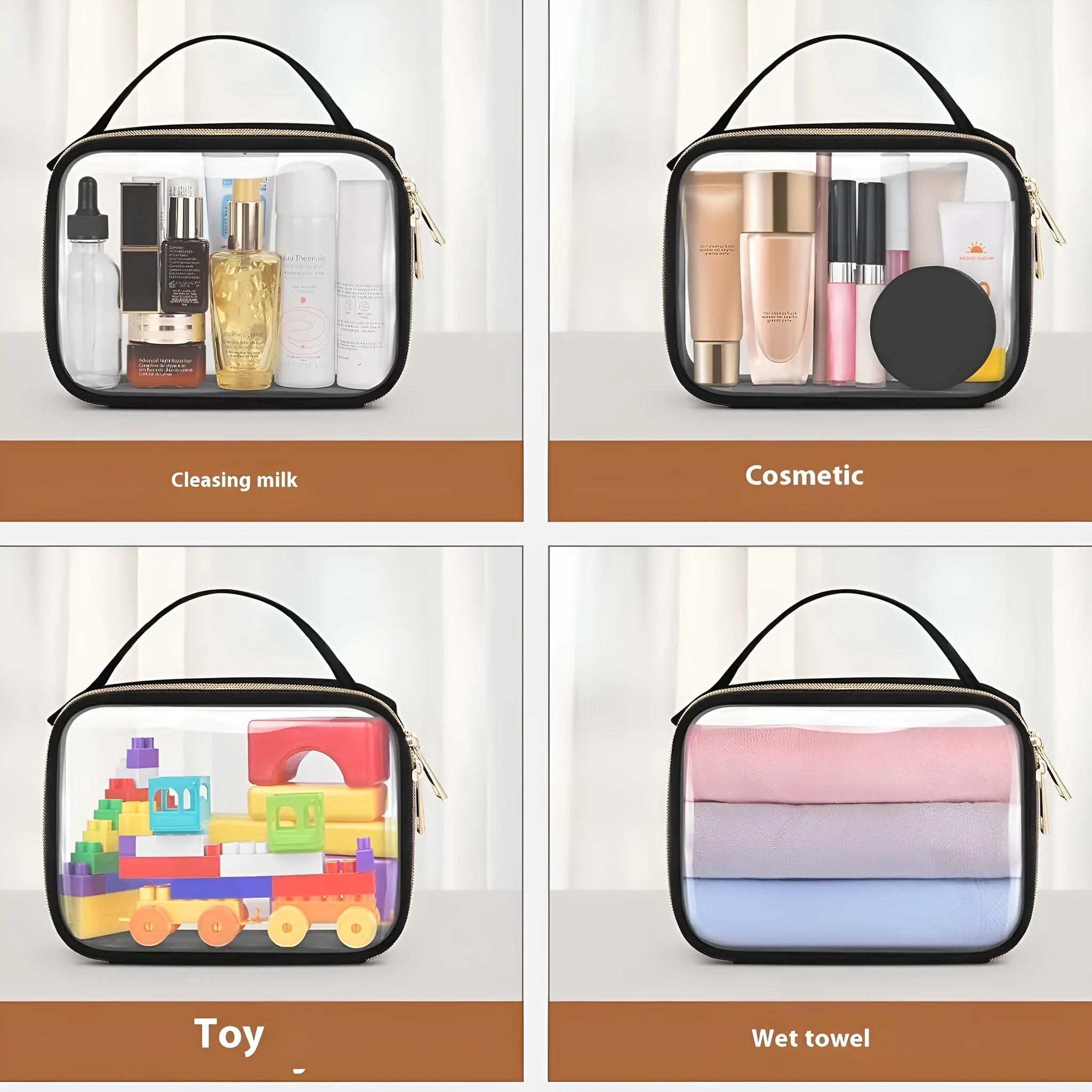 Transparent PVC makeup storage bag with chain handle, showing leopard print colour option.