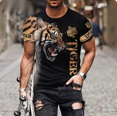 Men's grey t-shirt featuring a large, detailed 3D lion face print on the front.