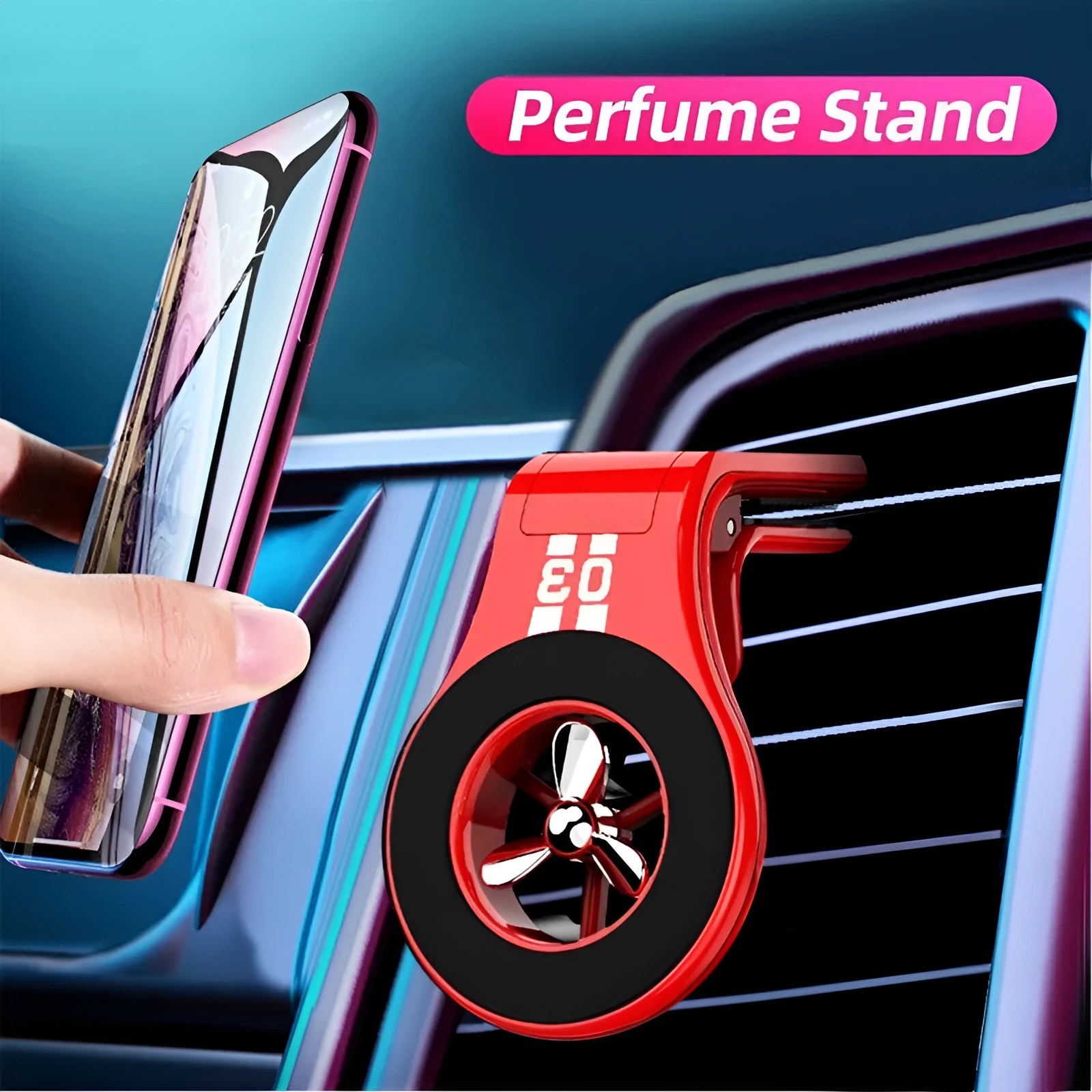 Black magnetic car phone holder clipped to a car air vent, showing a smartphone attached and the 360-degree rotating bracket.