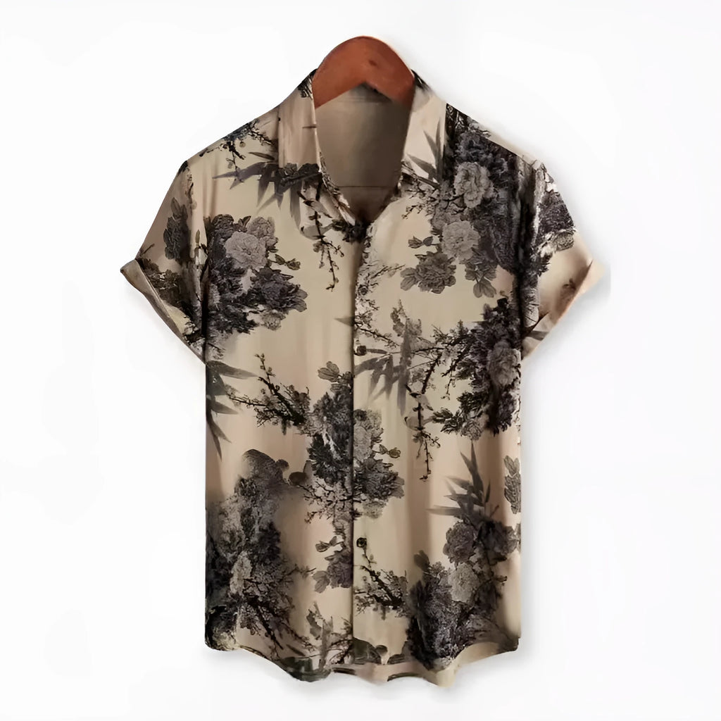 Hawaiian floral print short sleeve lapel shirt on a hanger