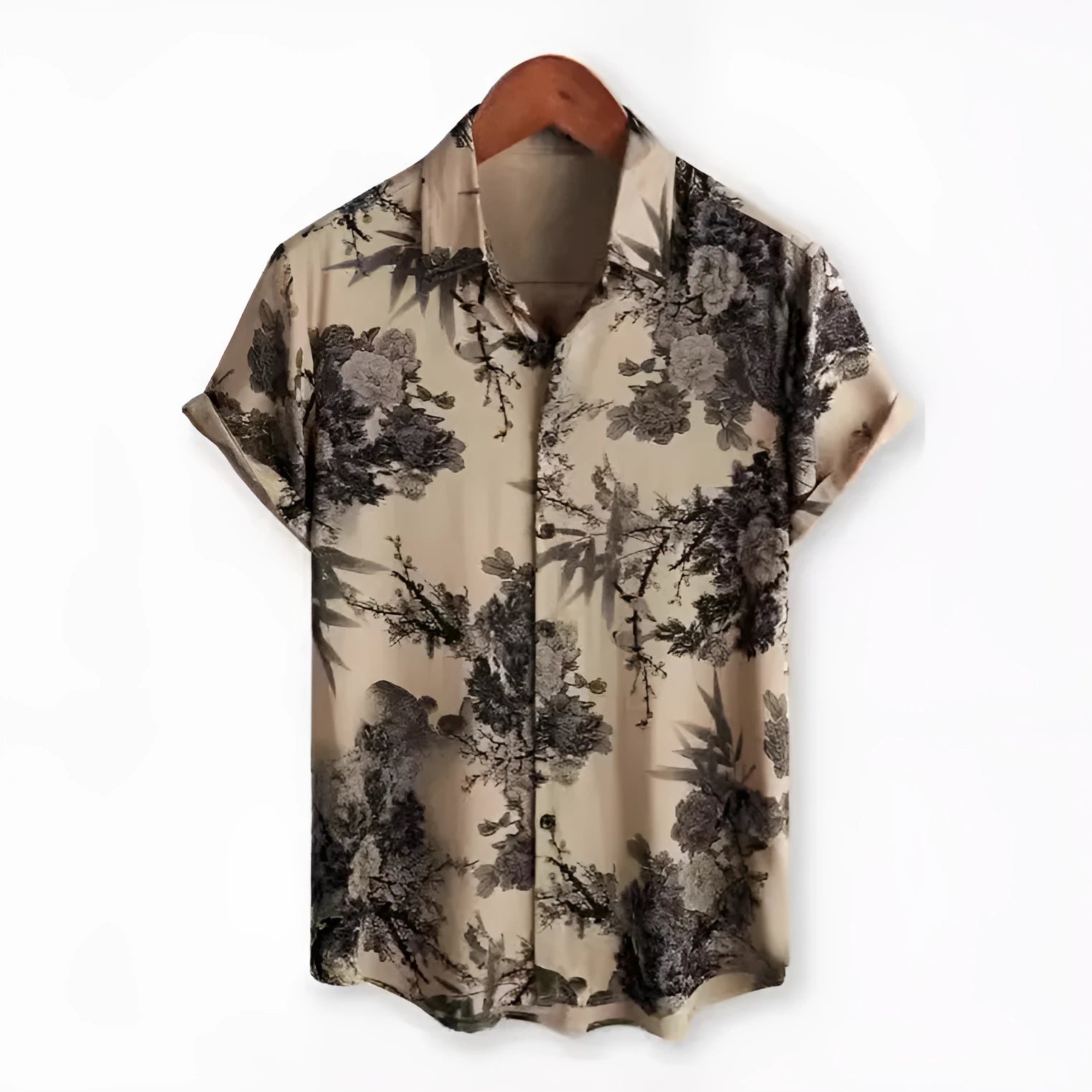 Hawaiian floral print short sleeve lapel shirt on a hanger