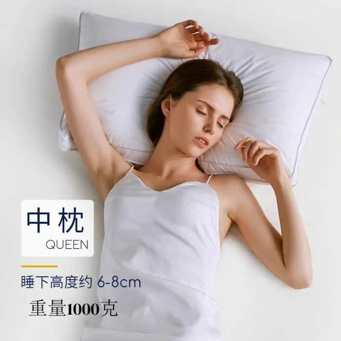 White hotel pillow with satin stripe or plain cotton cover, shown in 45x65cm, 48x74cm, and 50x80cm sizes.