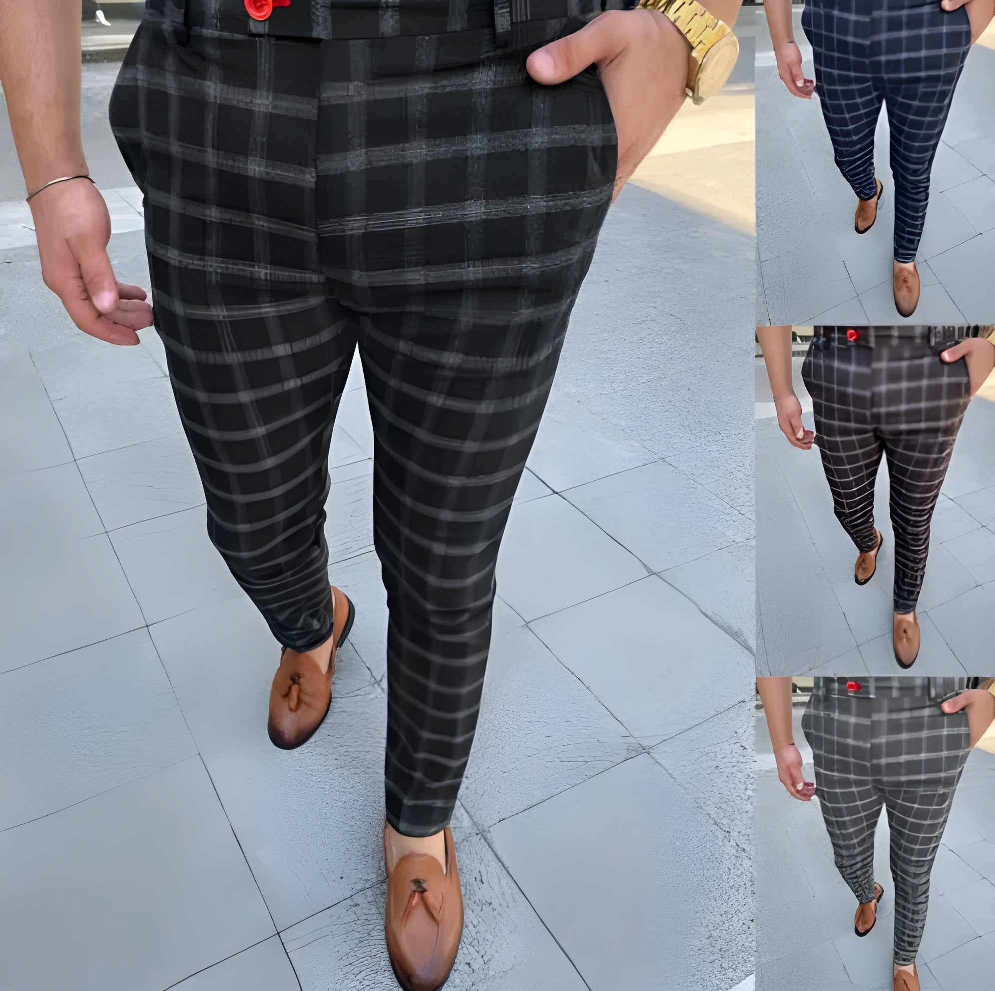 Men's business checked casual trousers in grey, tight fit, zipper placket, polyester fibre, mid-rise waist