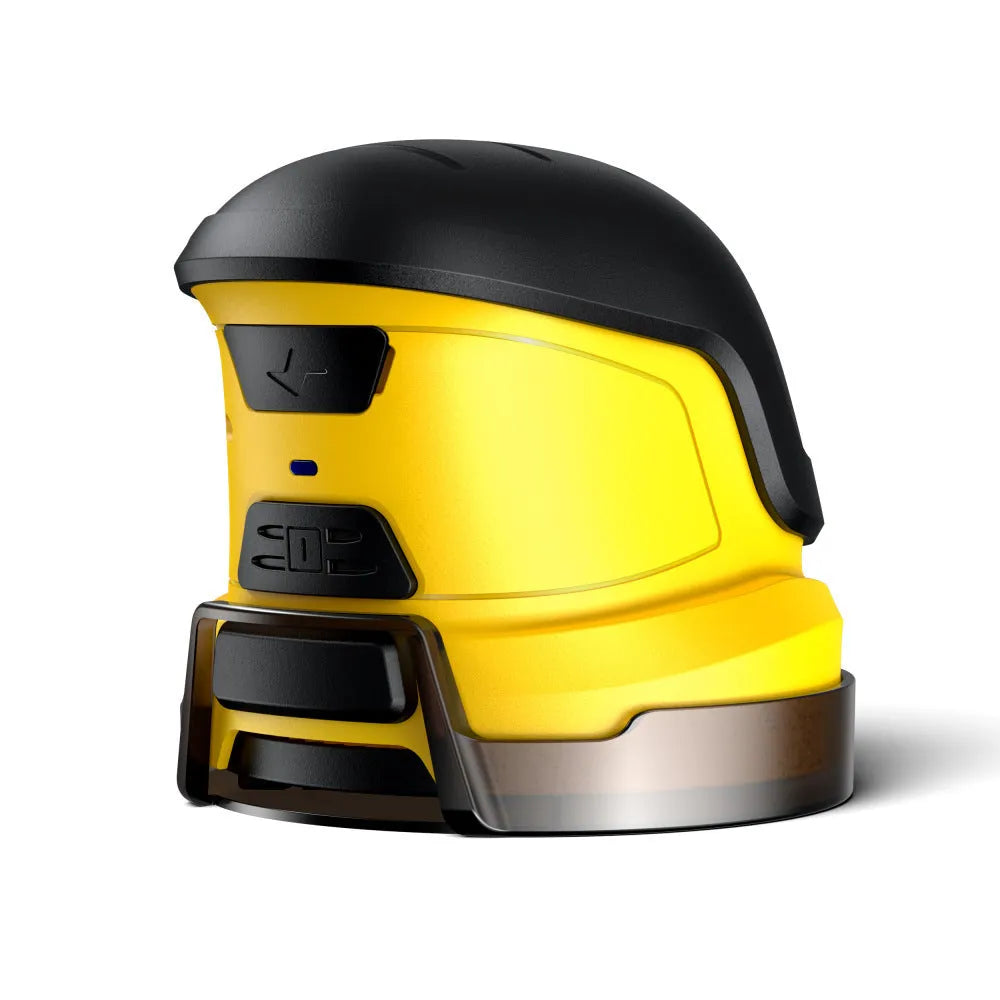 Yellow cordless electric car ice scraper with USB charging cable on a frosty car windscreen.