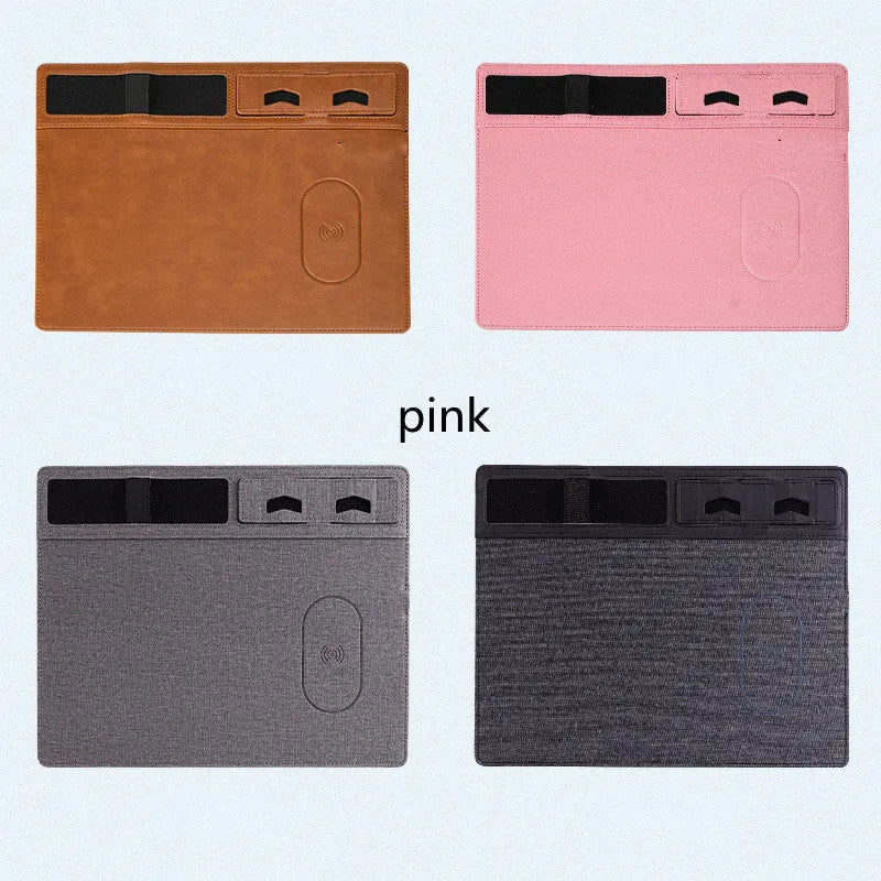 Wireless charging mouse pad with phone holder in black, brown, grey, or pink colours