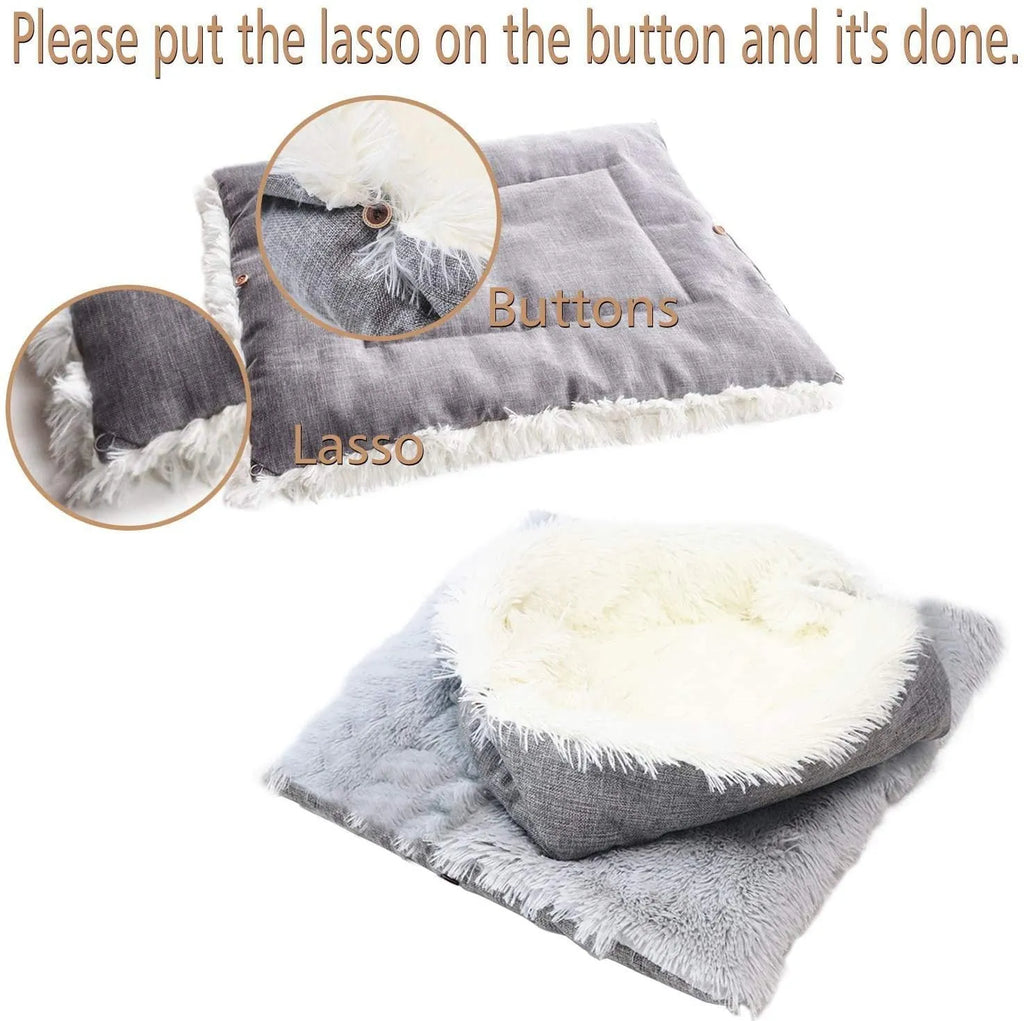 Grey and white pet blanket nest with long plush surface and black non-slip bottom