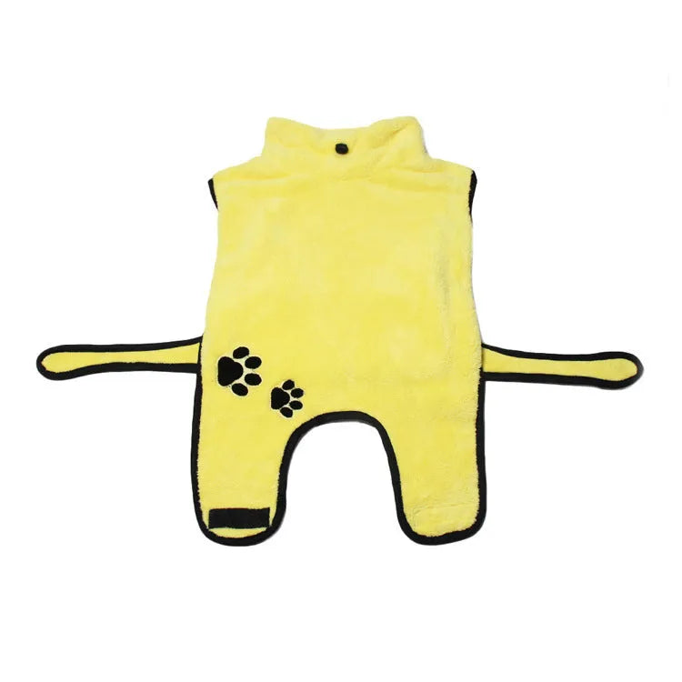 Yellow coral fleece pet embroidered bathrobe pajamas for dogs, size XS to 2XL, soft absorbent fabric
