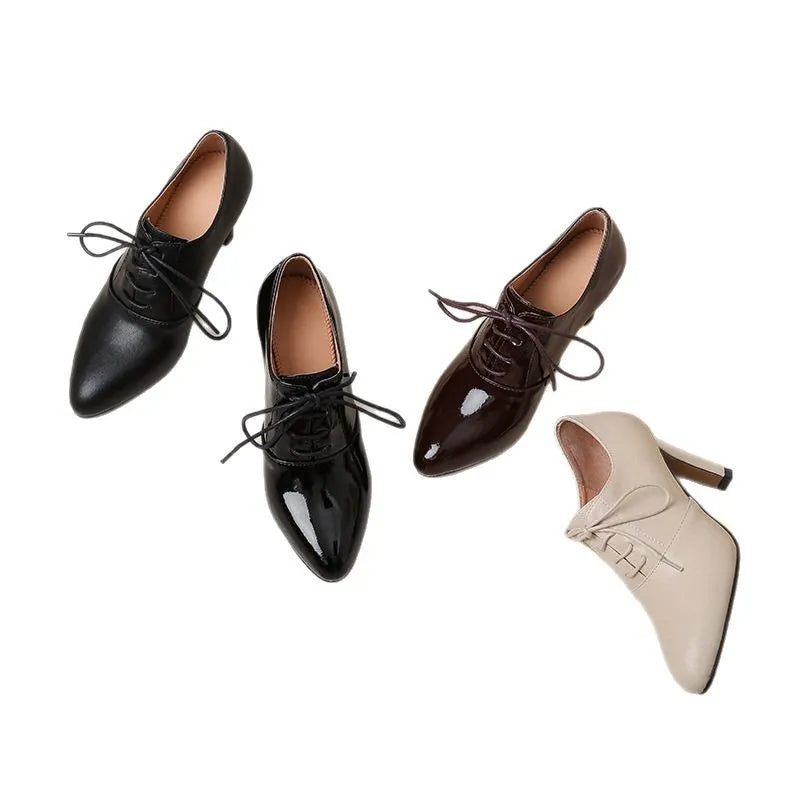 Women's British style high heel lace-up leather shoes with pointed toe and wedge heel in wine red cowhide with pigskin lining