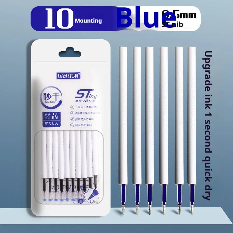 Four quick-drying pen refill cartridges in black, red, blue, and ink blue, showing 500m writing length.