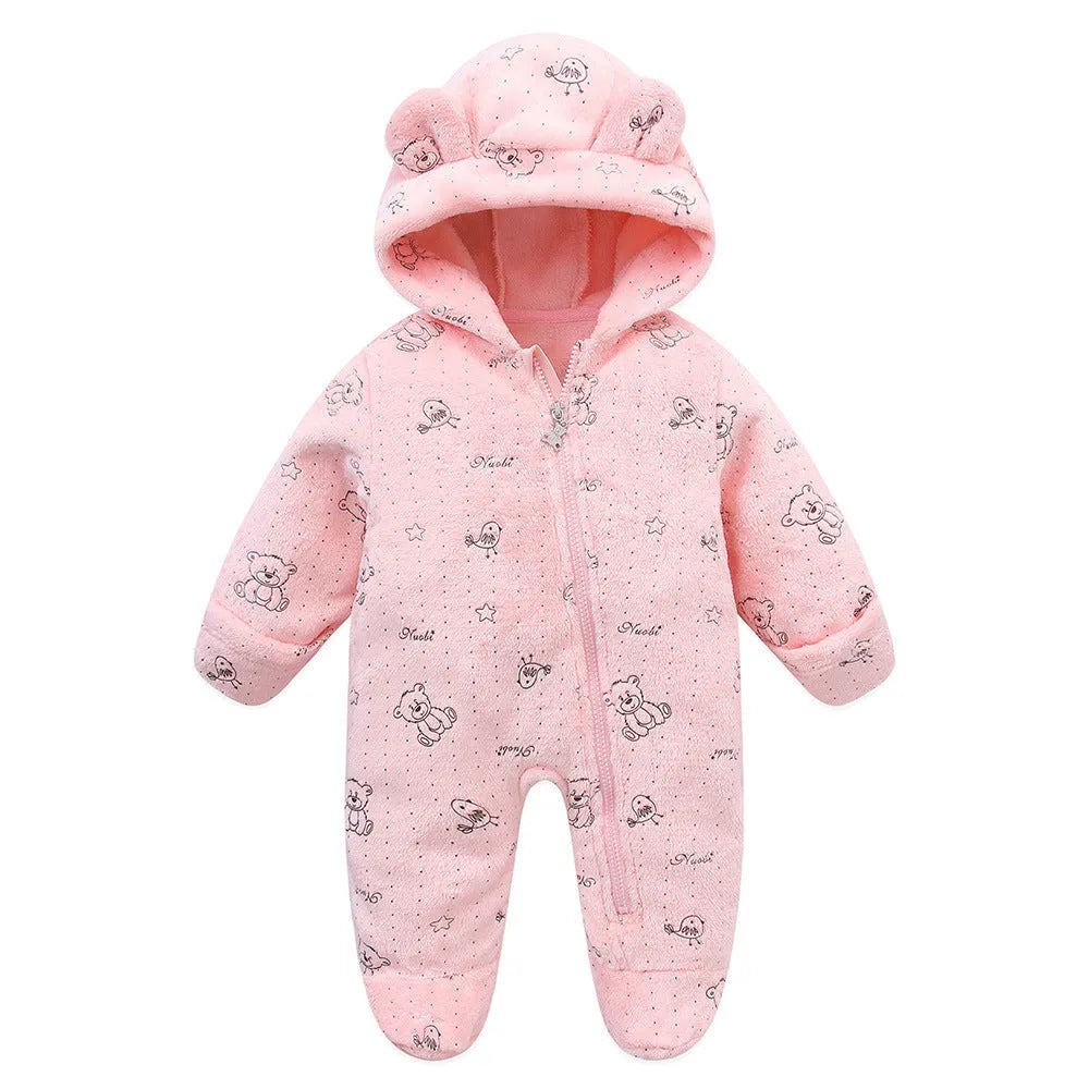 Fleece-lined flannel baby jumpsuit in dark blue, pink or white with bronzing bear or star design, sizes 50cm to 80cm