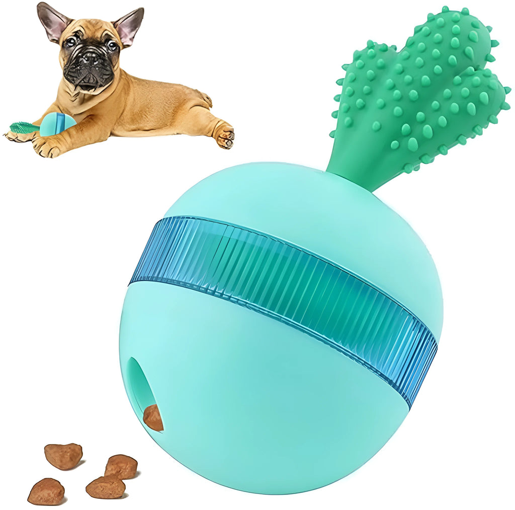 Blue durable rubber interactive dog toy ball with treat dispenser holes for medium large dogs.
