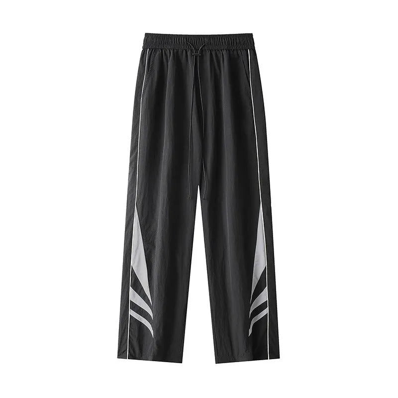 Men's straight leg loose-fit casual trousers in grey on a hanger.