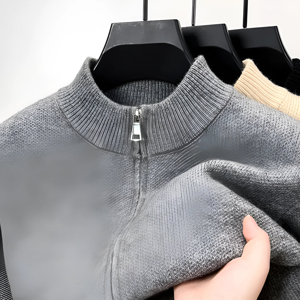 Men's thick stand collar knitted cardigan with zipper front in loose fit showing black, grey and beige colour options